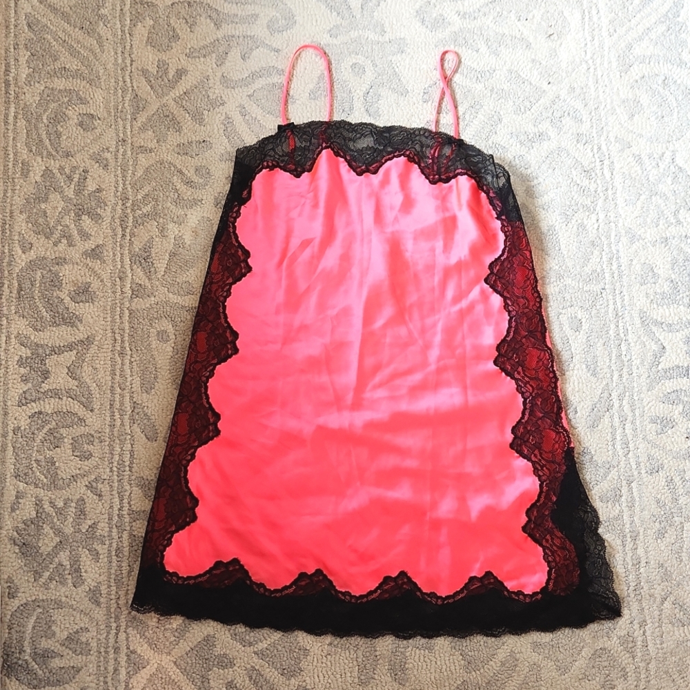 VS Hot Coral Satin & Black Lace Lingerie